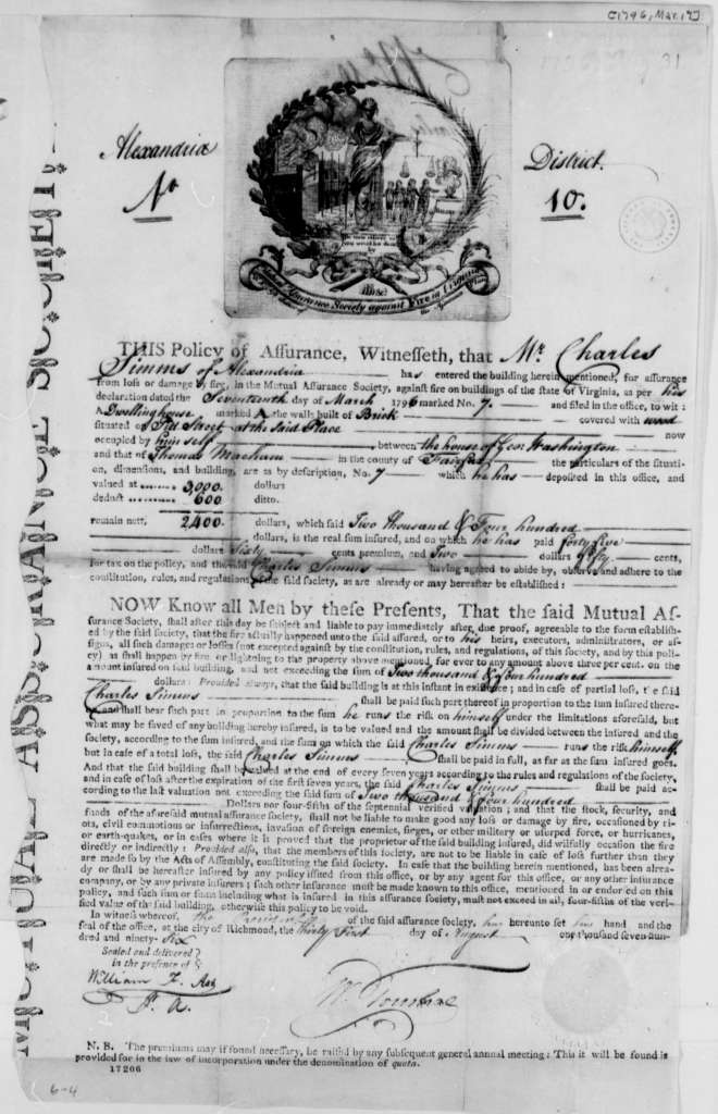 Fire insurance contract of 1796 Charles Simms - http://memory.loc.gov/master/mss/mtj/mtj1/020/0700/0789.jpg 